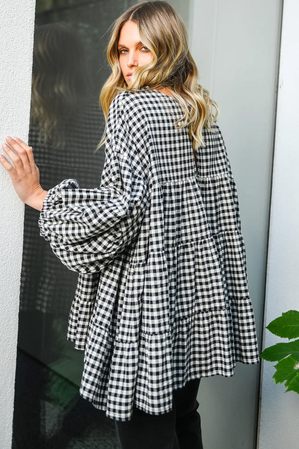 Black Checkered Babydoll Blouse