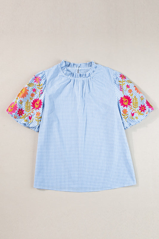 Floral Embroidered Blue Gingham Blouse