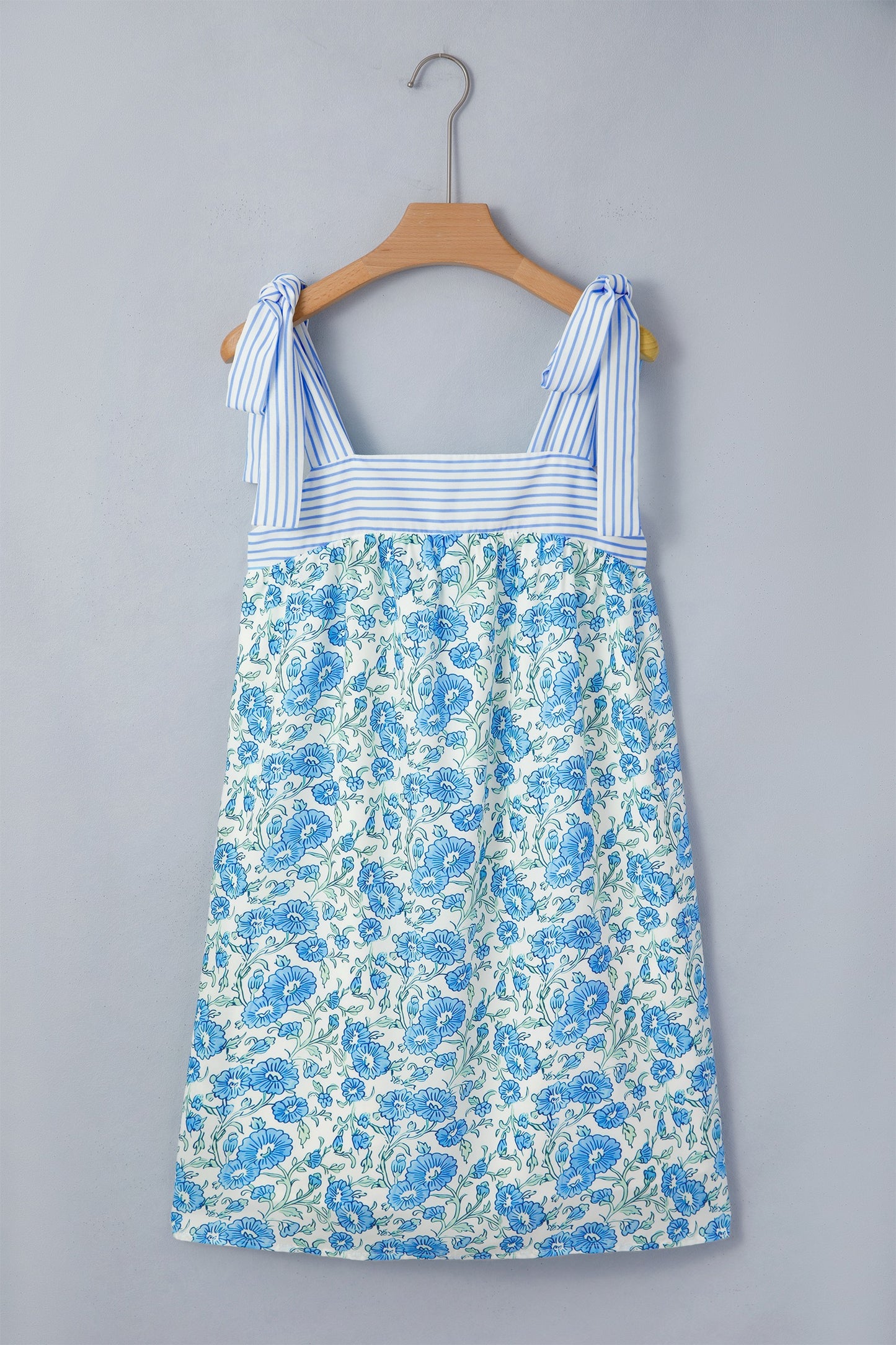 Blue Floral Print Striped Patchwork Bow Knot Straps Dress