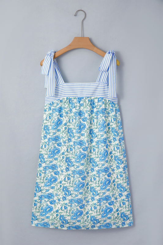 Blue Floral Print Striped Patchwork Bow Knot Straps Dress