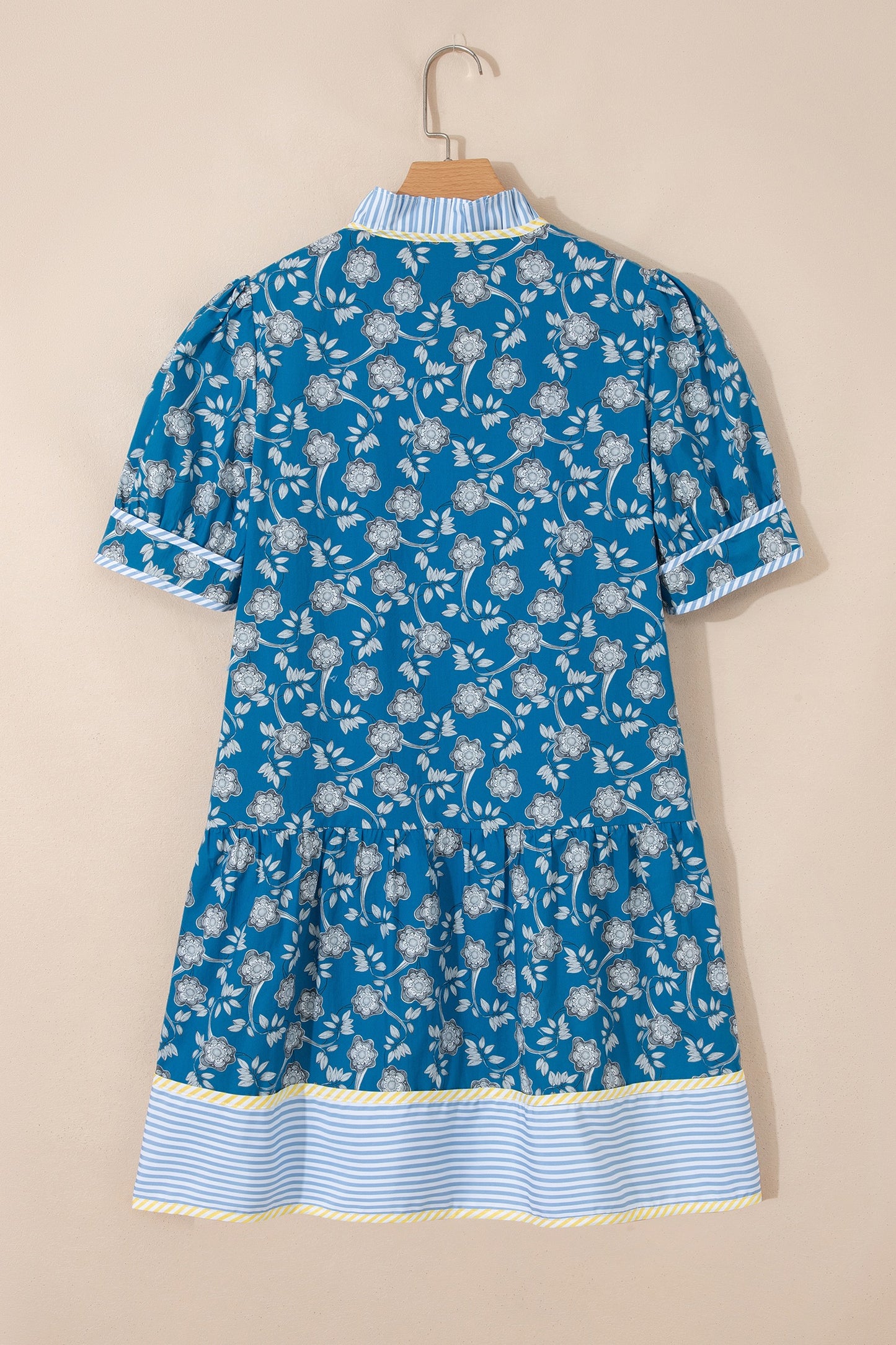 Blue Striped Trim Short Sleeve Floral Dress