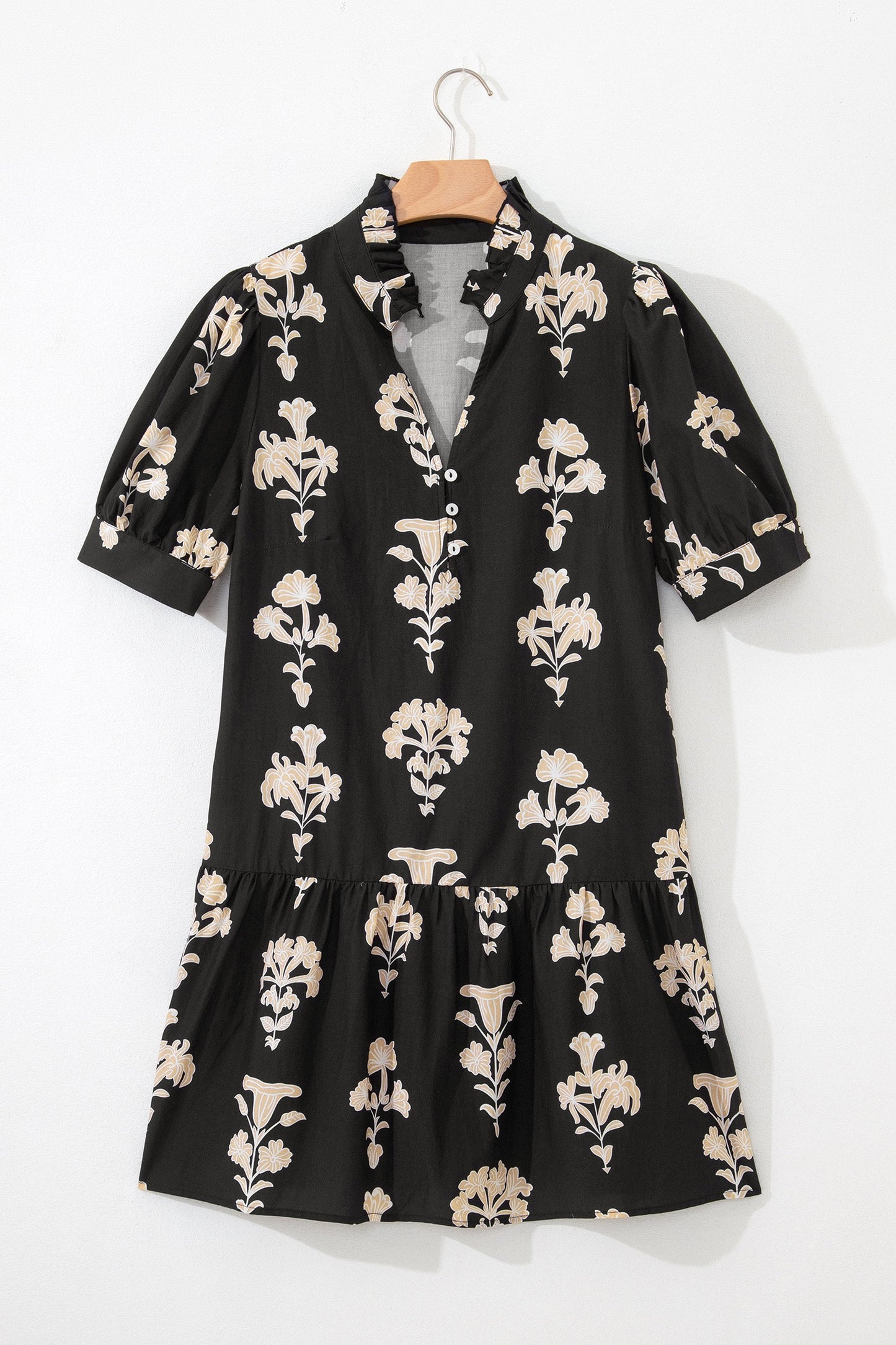 Black Floral Print Frilled Collar Short Puff Sleeve Dress