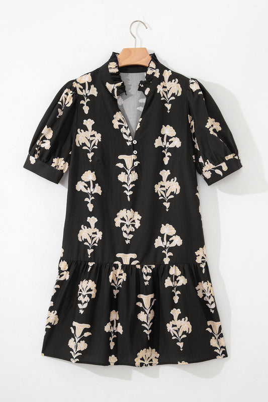 Black Floral Print Frilled Collar Short Puff Sleeve Dress