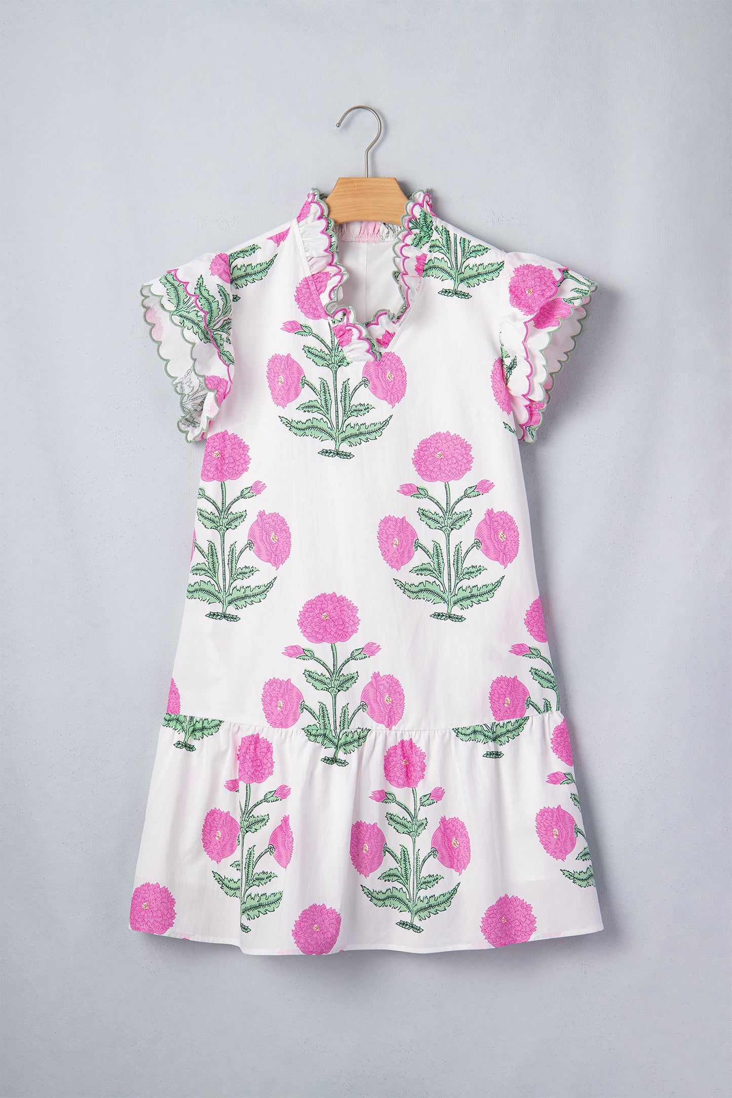 Floral Print Scalloped Embroidery Trim V Neck Drop Waist Dress