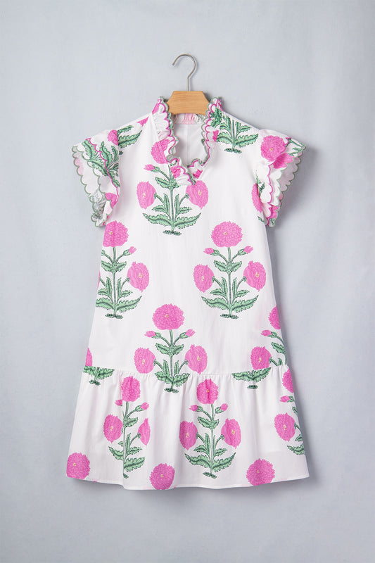 Floral Print Scalloped Embroidery Trim V Neck Drop Waist Dress