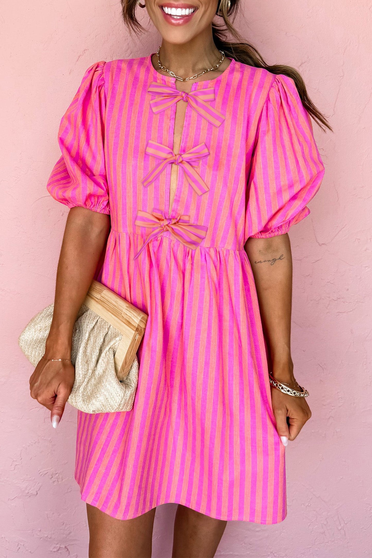 Rose Striped Print Bow Detail Short Puff Sleeve Dress
