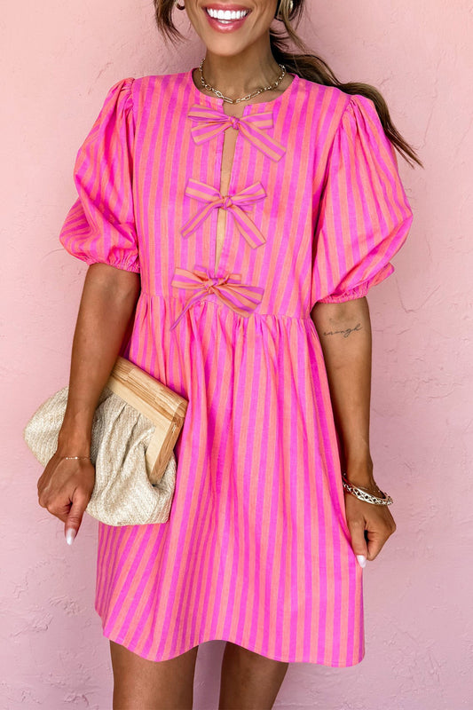 Rose Striped Print Bow Detail Short Puff Sleeve Dress
