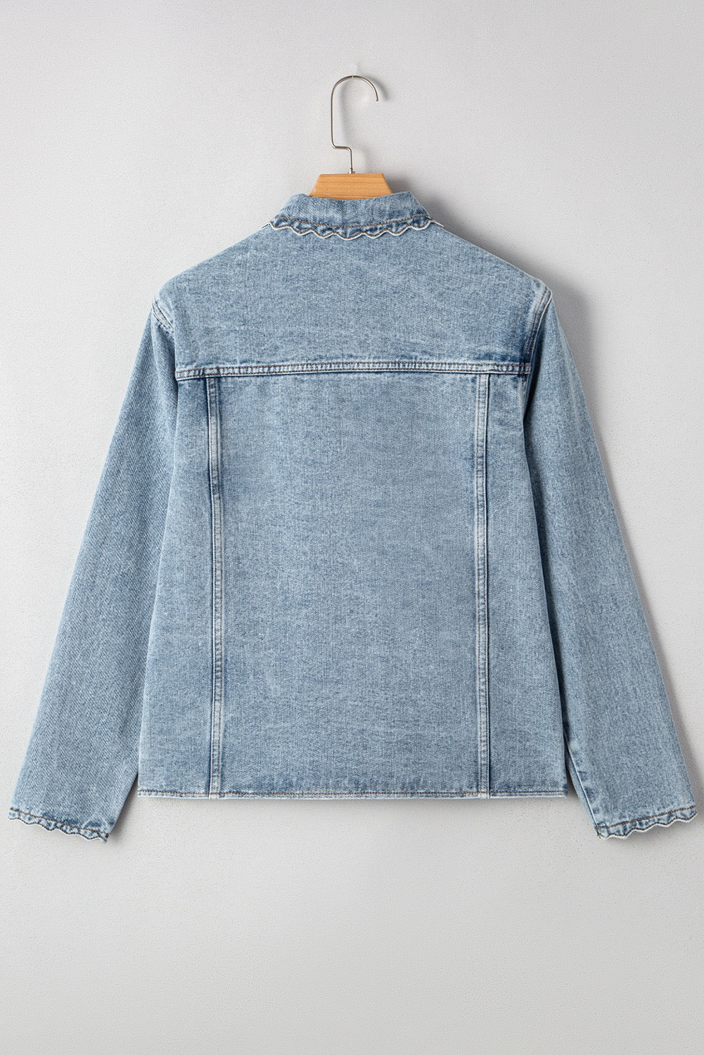 Scallop Trim, Button Up Denim Jacket, Medium Wash