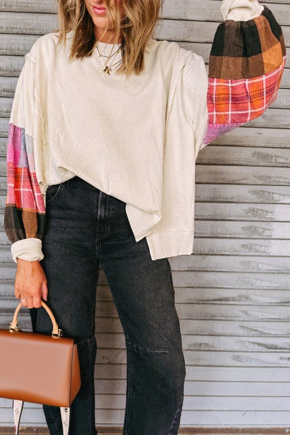 Beige Contrast Plaid Long Sleeve Exposed Seam Patchwork  Top