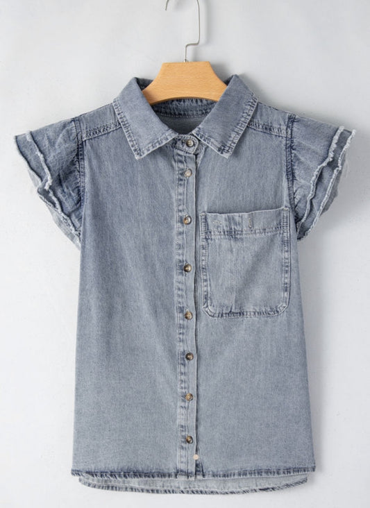 Frayed Ruffle Denim Blouse