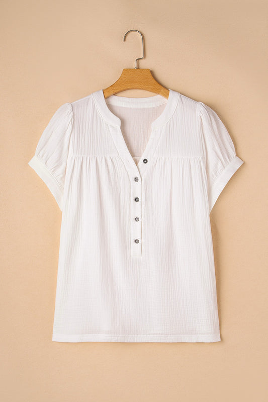 White Textured Short Sleeve Buttons Frayed Blouse, 100% Cotton