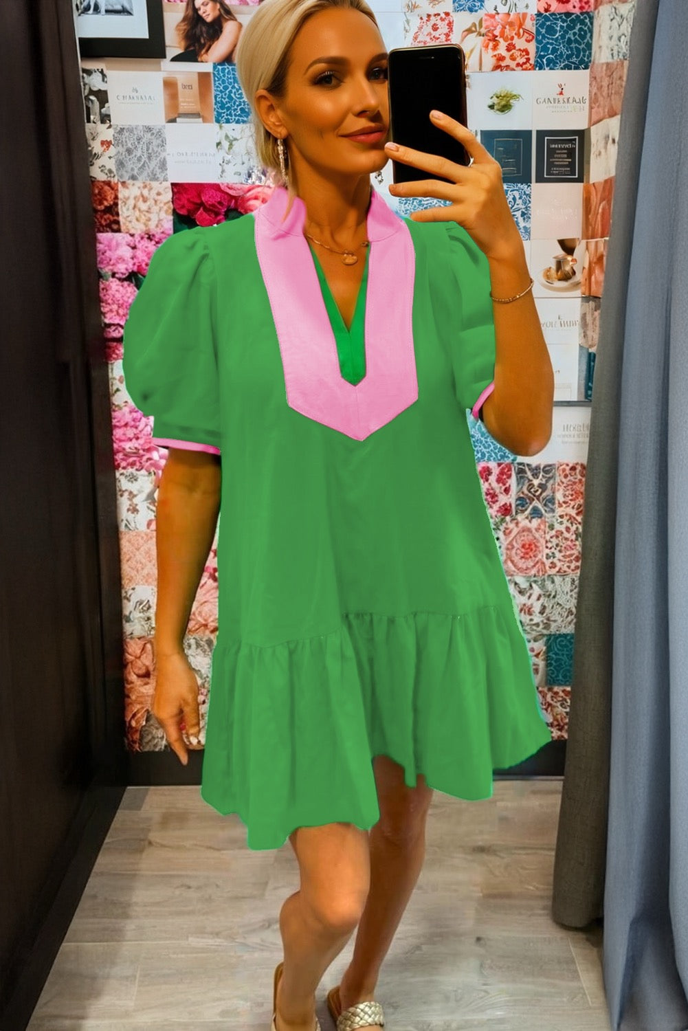 Bright Green Color Block Detail Split Neck Short Puff Sleeve Ruffle Hem Dress
