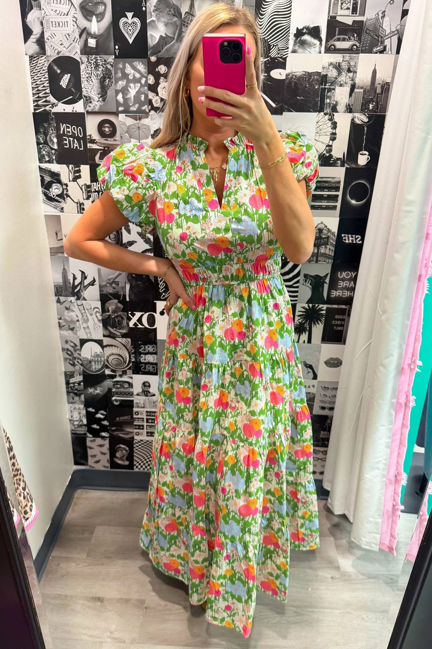 Green Floral Print V Neck Short Puff Sleeve Cotton Maxi Dress