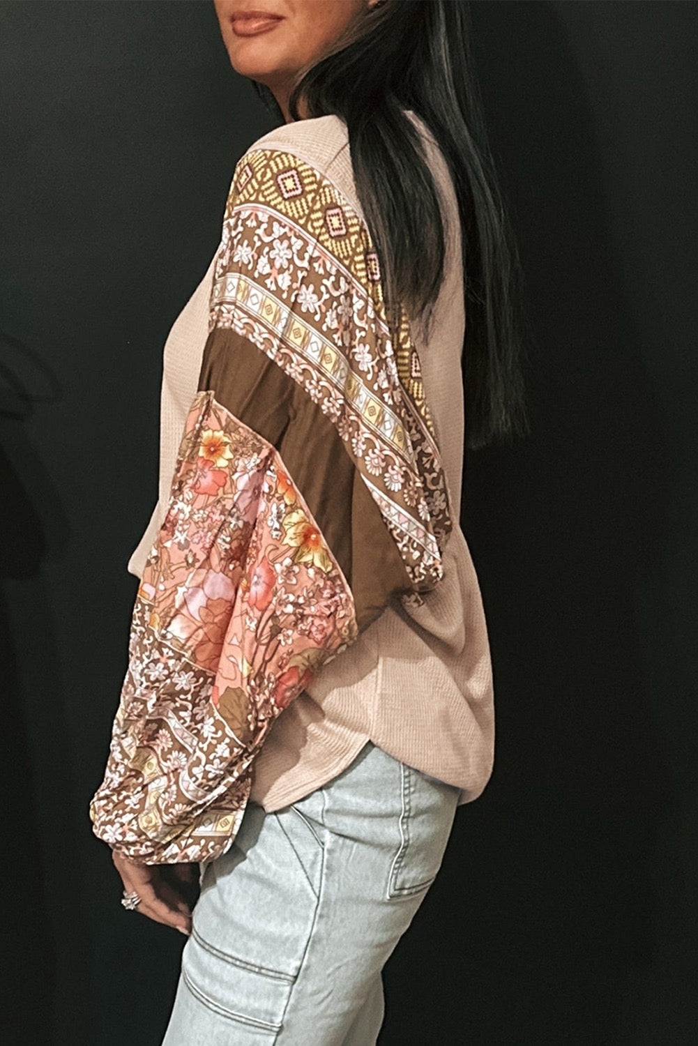 Contrast Floral Patchwork Puff Sleeve Waffle Knit Top
