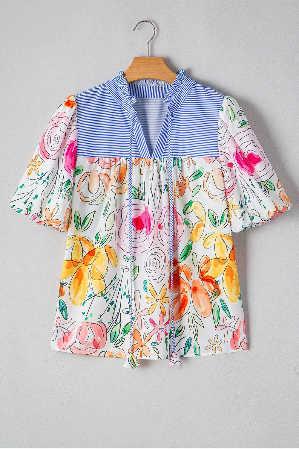 Floral Print Yoke Striped Blouse