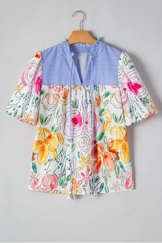 Floral Print Yoke Striped Blouse