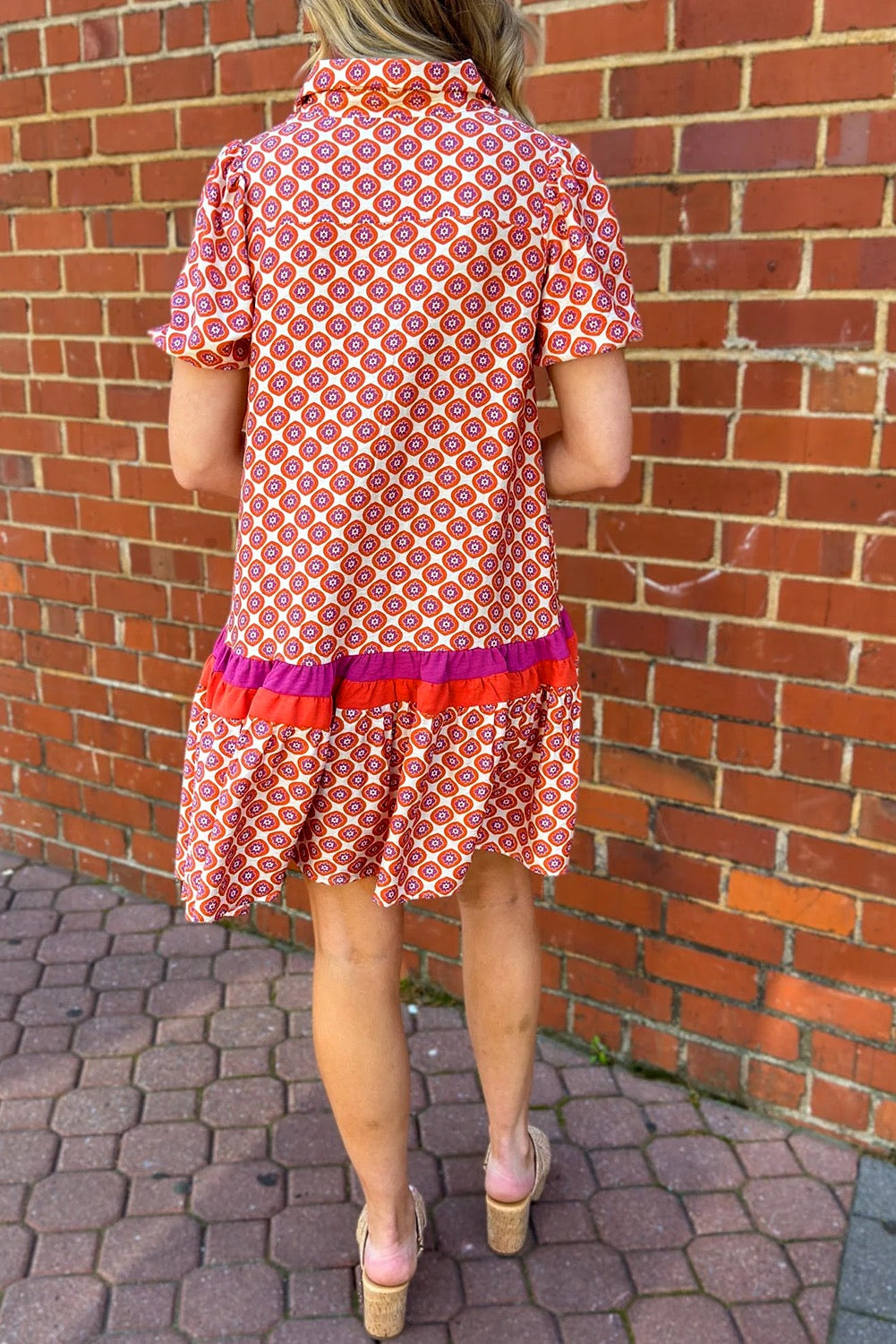 Geometric Floral Print Button Front Ruffle Hem Dress