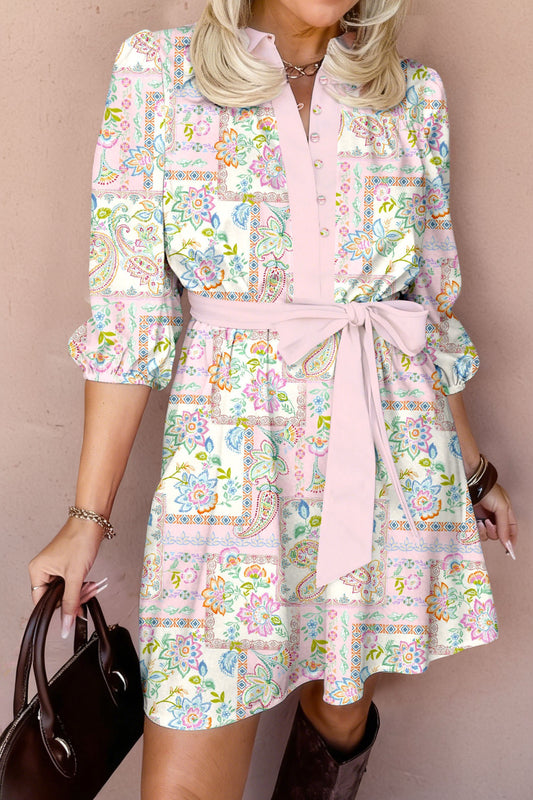 Pink Floral Print Color Block Trim Half Button Belted Mini Dress