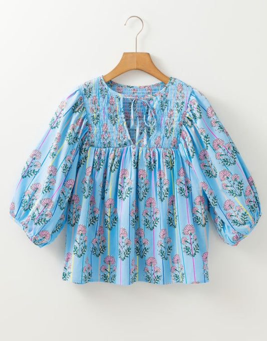 Sky Blue Smocked Blouse