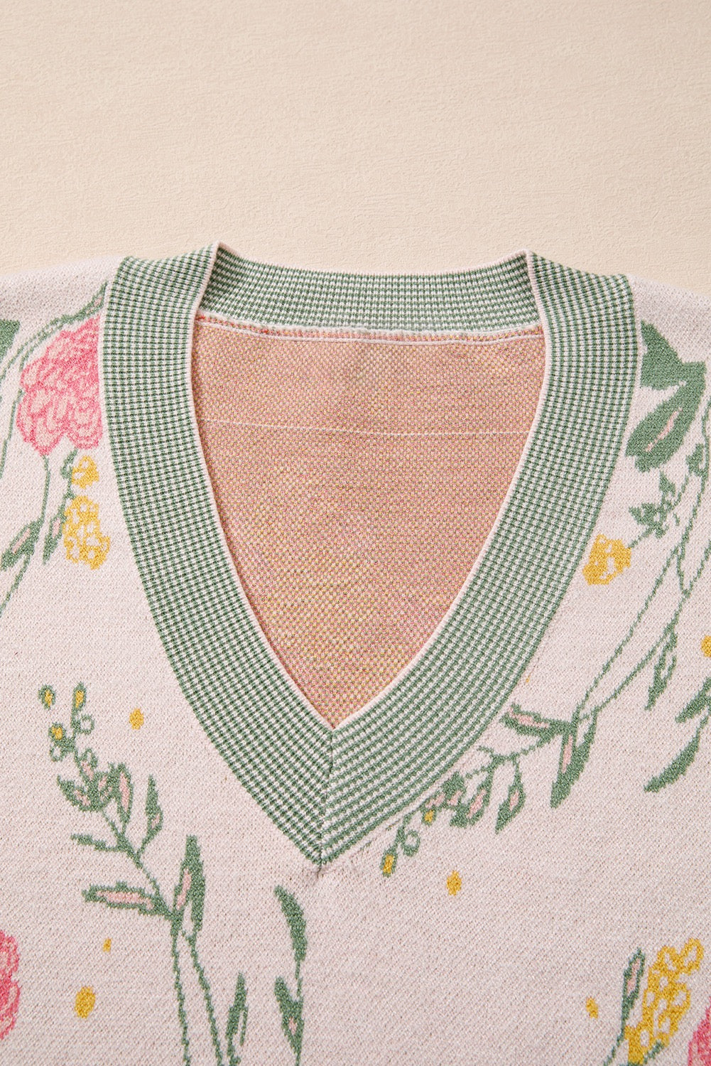 Pink Floral Pattern Striped V Neck