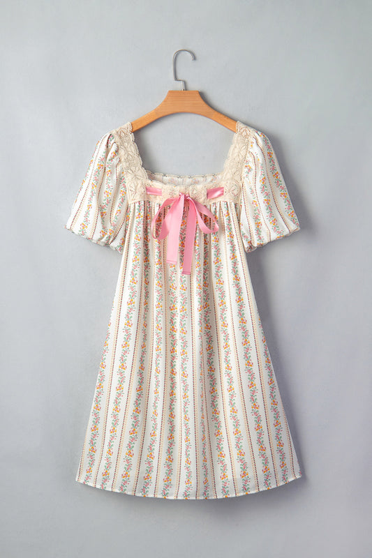 Floral Print Contrast Ribbon Bow Lace Trim Square Neck Dress