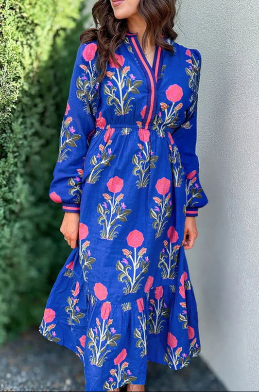 Blue Floral Print Pop of Color Neckline Long Sleeve Midi Dress
