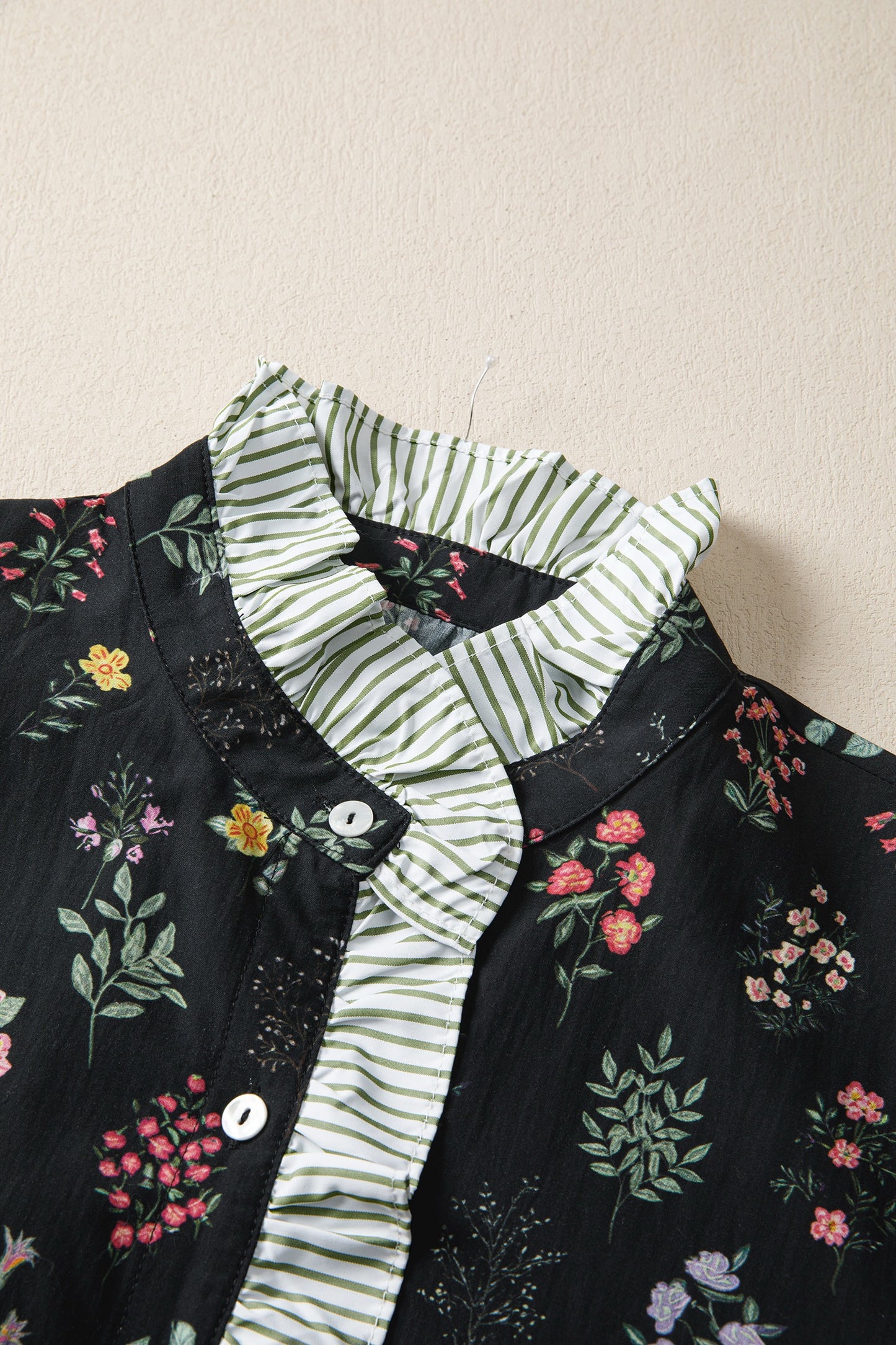 Black Floral Stripe Frill Trim Top