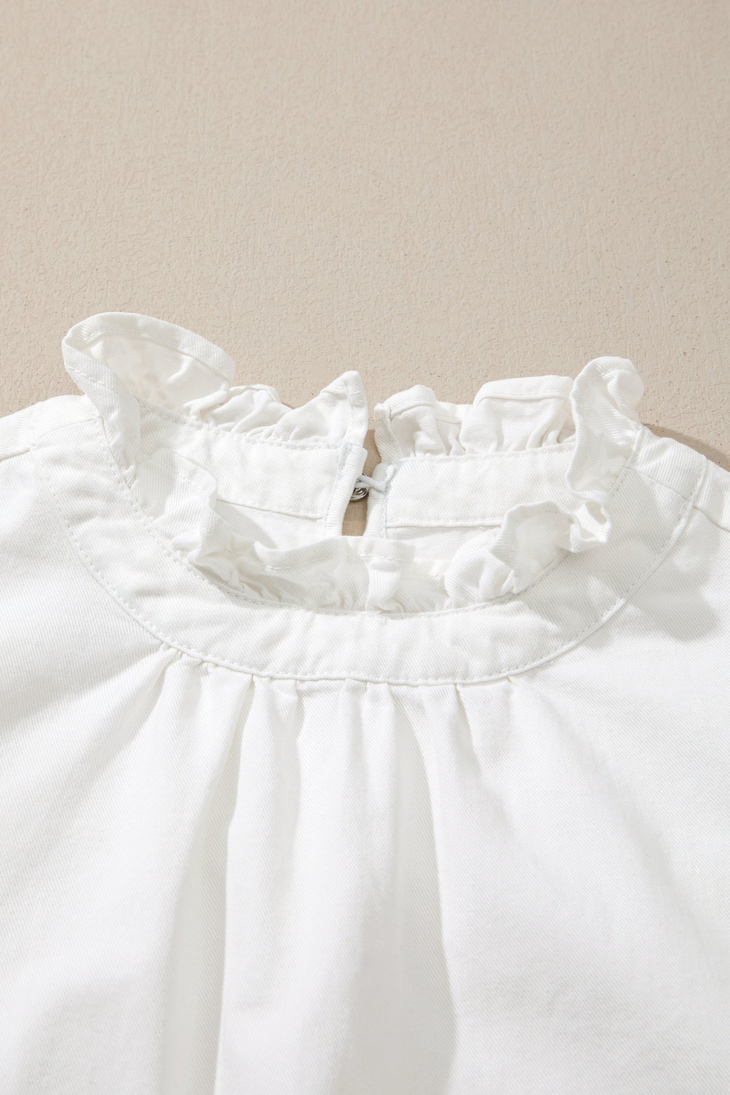 White Frilled Collar Flutter Sleeve Denim Top