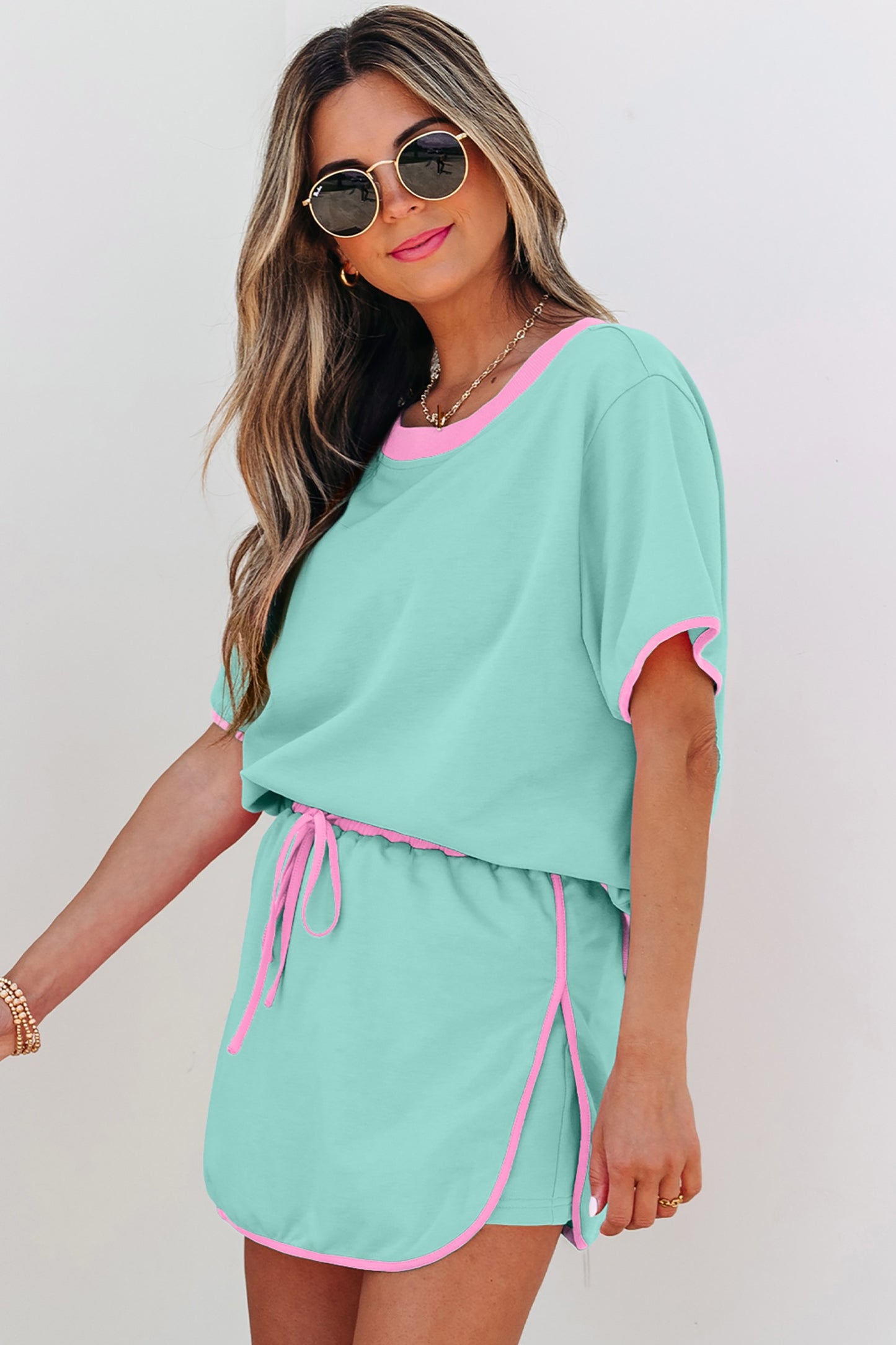 Jade Colorblock Edge Drop Shoulder T Shirt and Skort 2Pcs Set