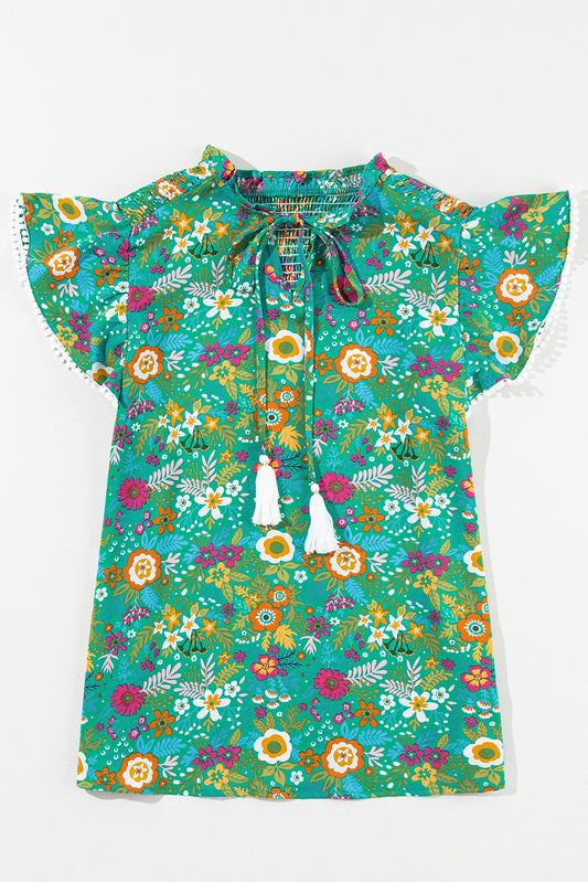 Floral Green Lace Trim Blouse