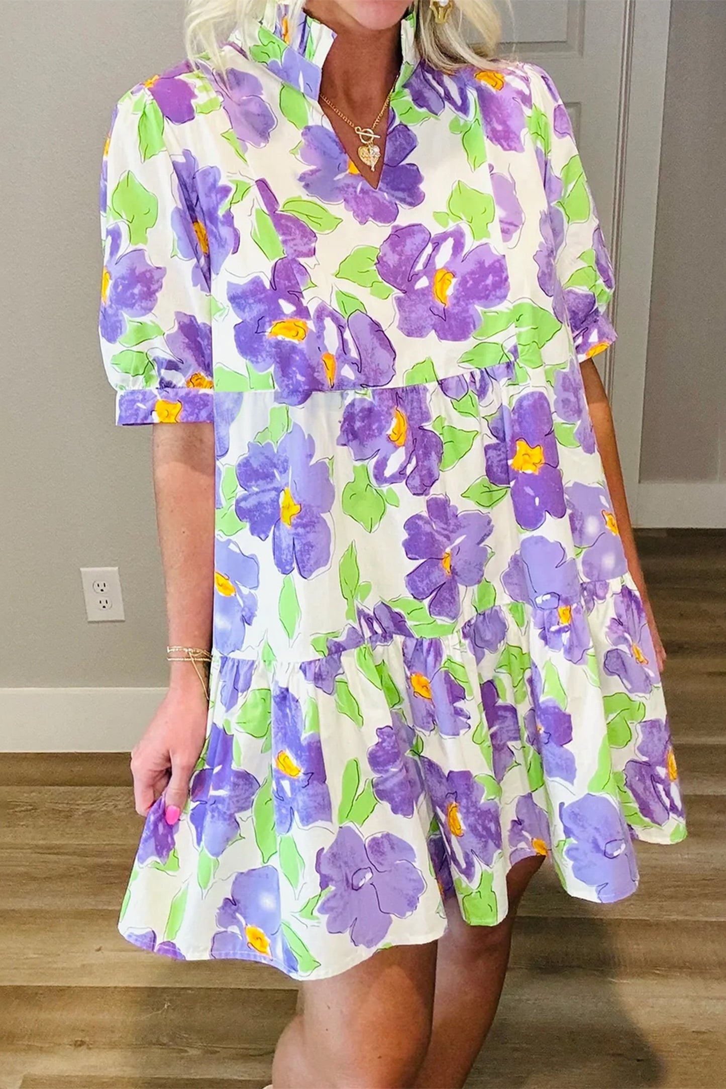 Floral V Collar Short Sleeve Tiered Purple Dress