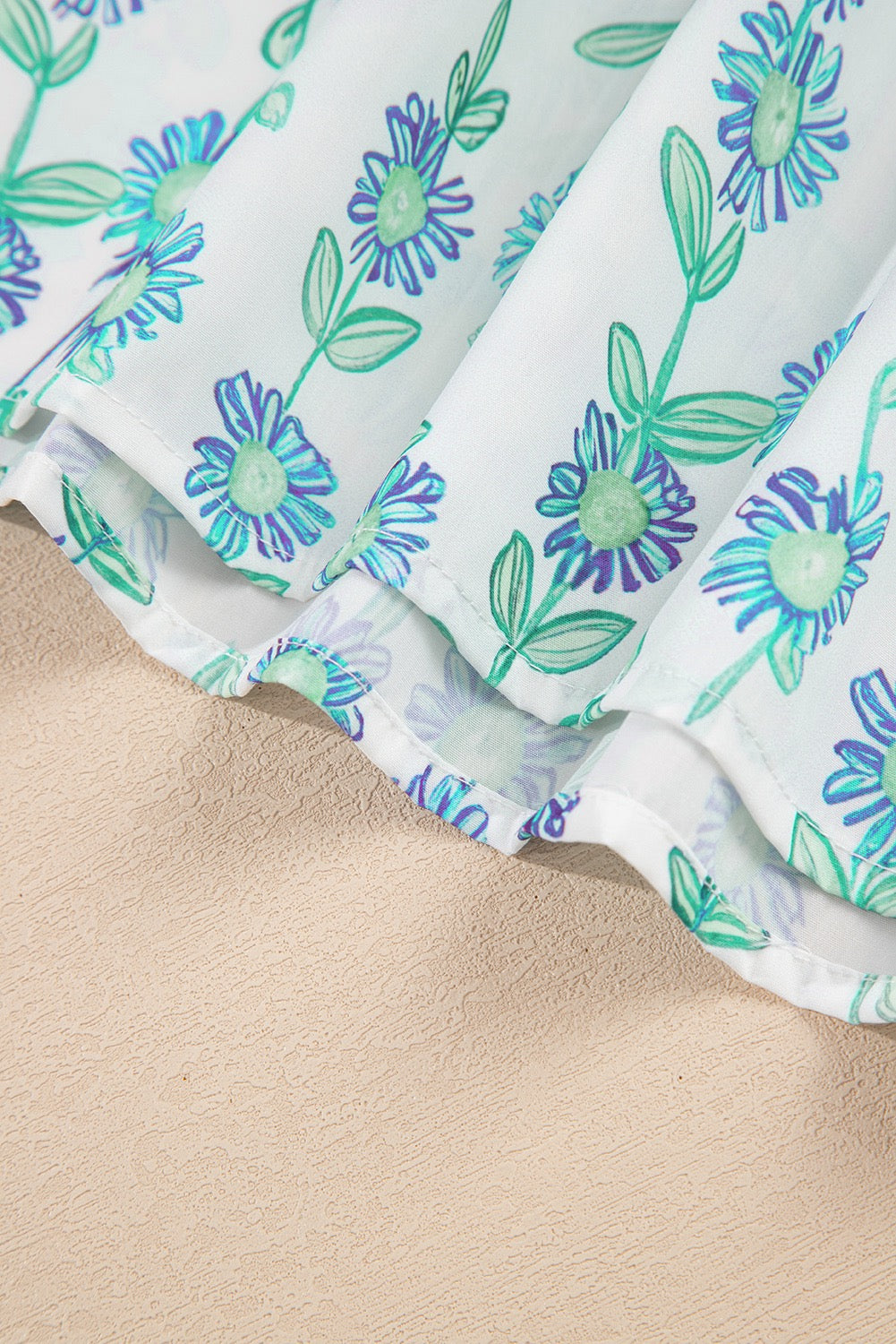 Green Floral Print Striped Detail Contrast V Neck Patchwork Flutter Sleeve Top