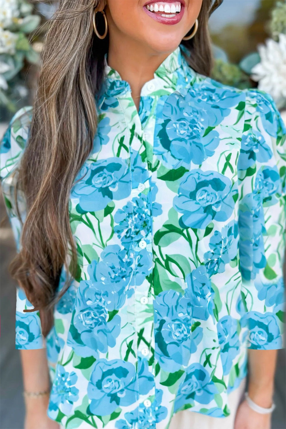 Green Floral Frilled Collar Three Quarters Sleeve