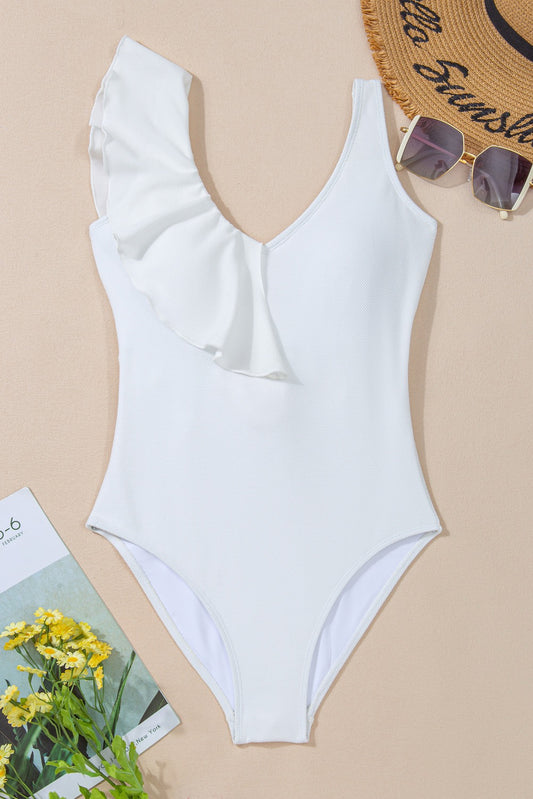 White Asymmetrical Ruffle Trim One Piece