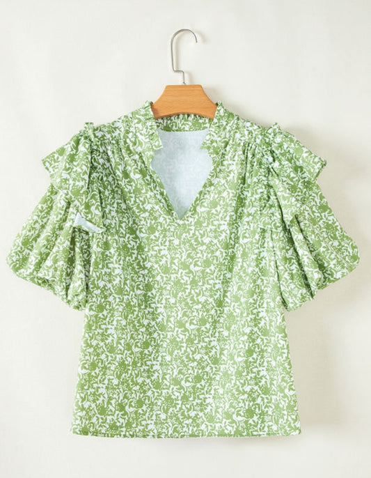 Green Floral Puff Sleeve Blouse
