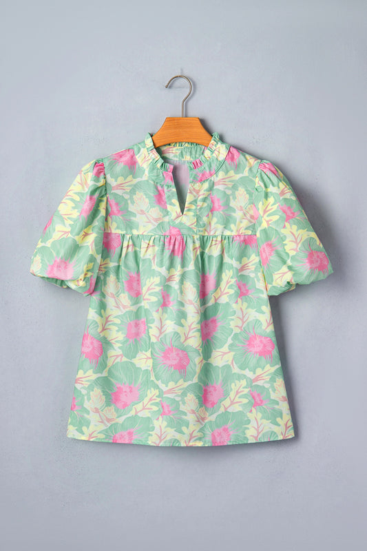 Short Bubble Sleeve Summer Floral Top