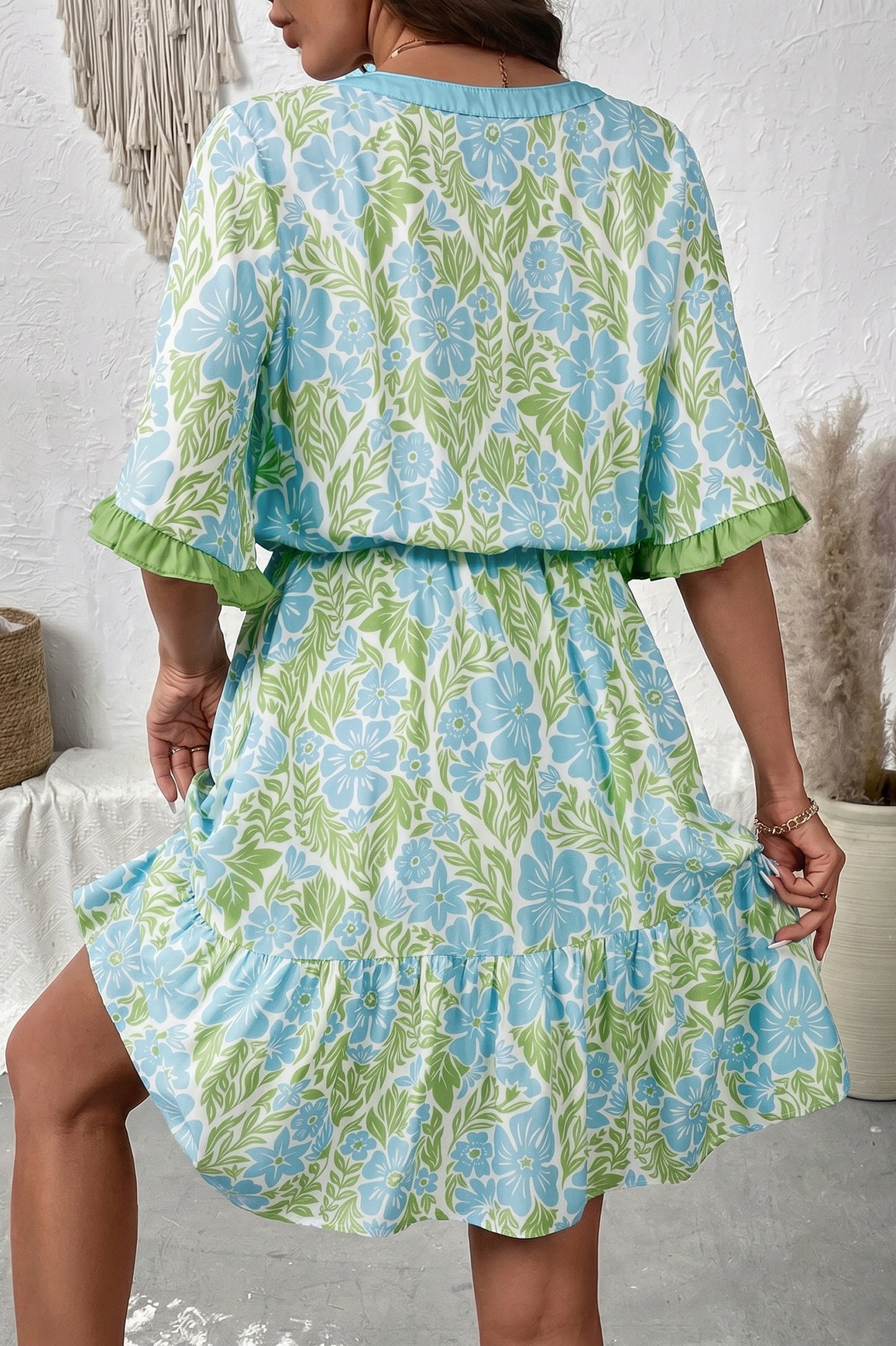 Blue Floral Print High Waist Ruffle Short Sleeve Mini Dress