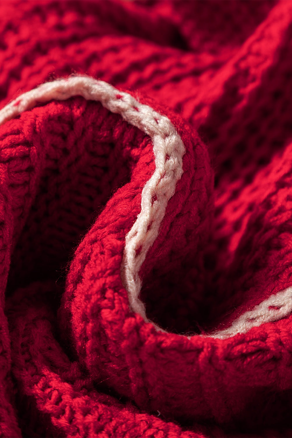 Racing Red Color Contrast Trim Textured Knit Drawstring Hooded Sweater