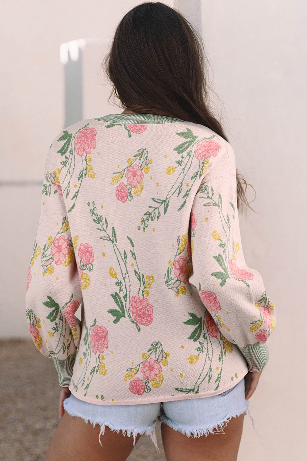 Pink Floral Pattern Striped V Neck