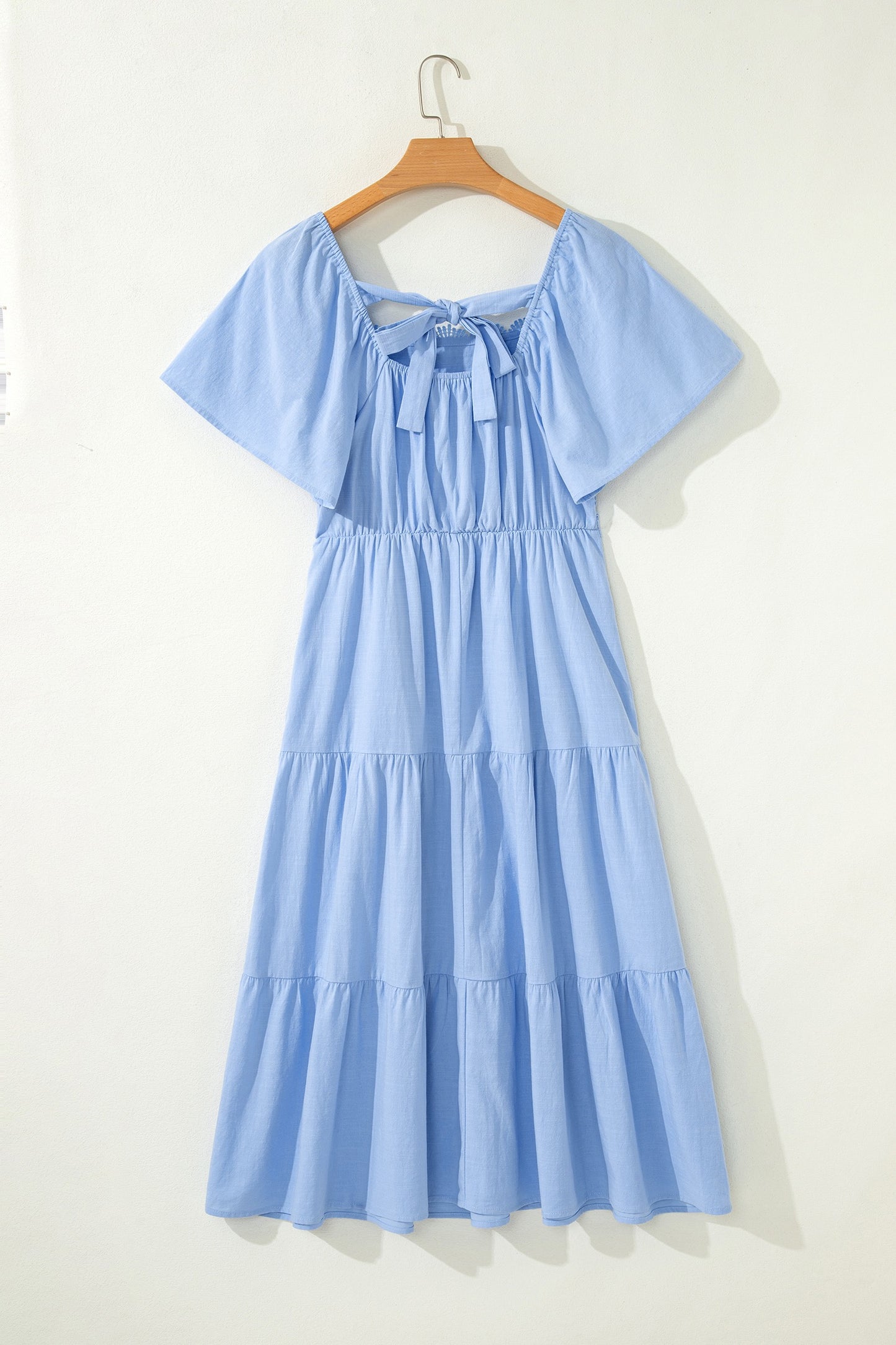 Blue Flowy Short Sleeve Lace Detail Square Neck Tiered Midi Dress