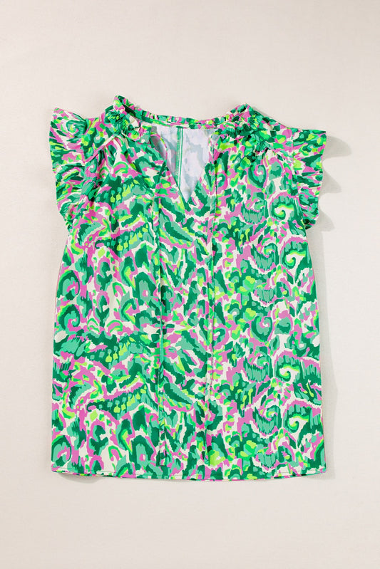 Green Abstract Print Ruffled Trim Tied Split Neck Blouse