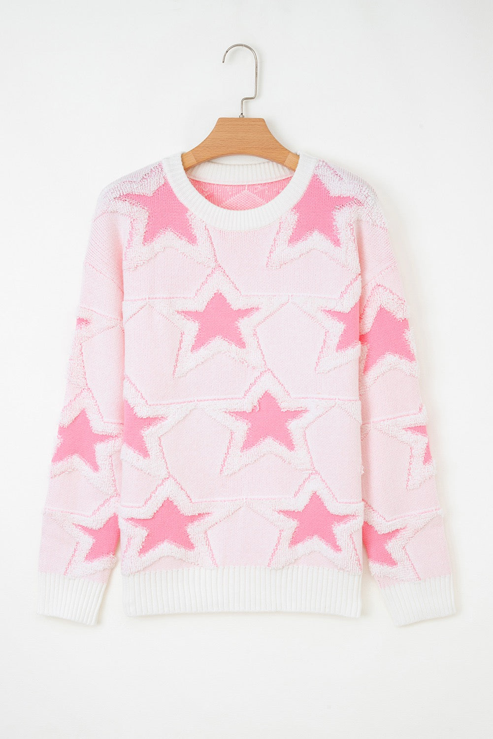 Pink Oversized Star Pattern Ribbed Edge Drop Shoulder Sweater