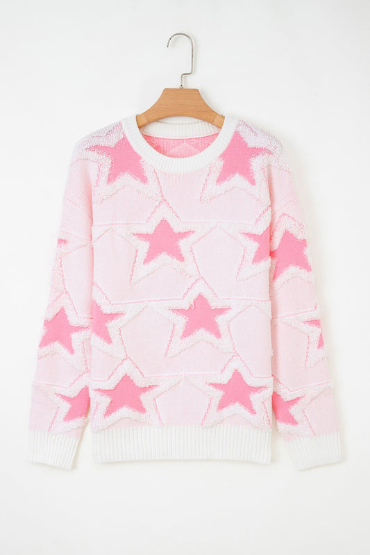 Pink Oversized Star Pattern Ribbed Edge Drop Shoulder Sweater