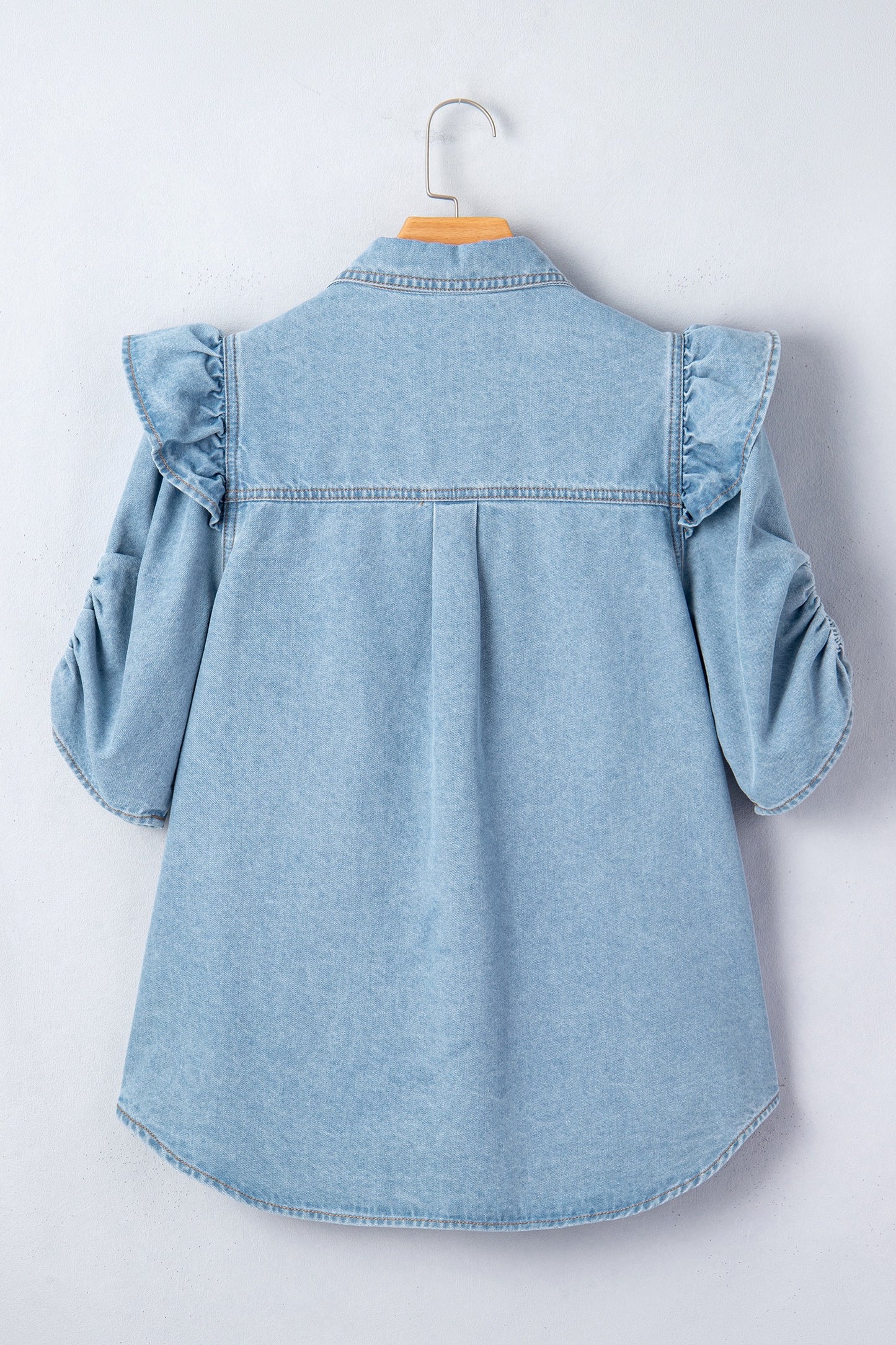Ruffle Detail Short Puff Sleeve Button Down Flap Pocket Denim Shirt