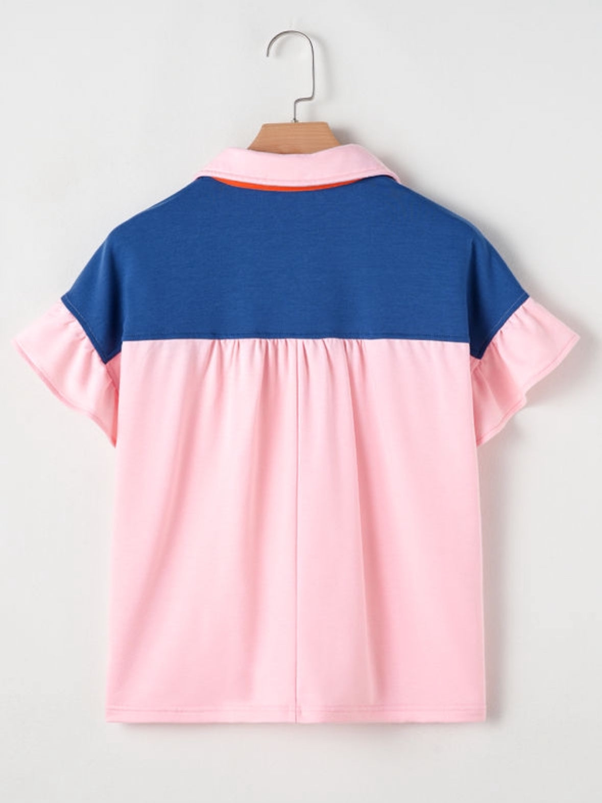 Gossamer Pink Color Block Half Buttoned Ruffled Short Sleeve Shirt