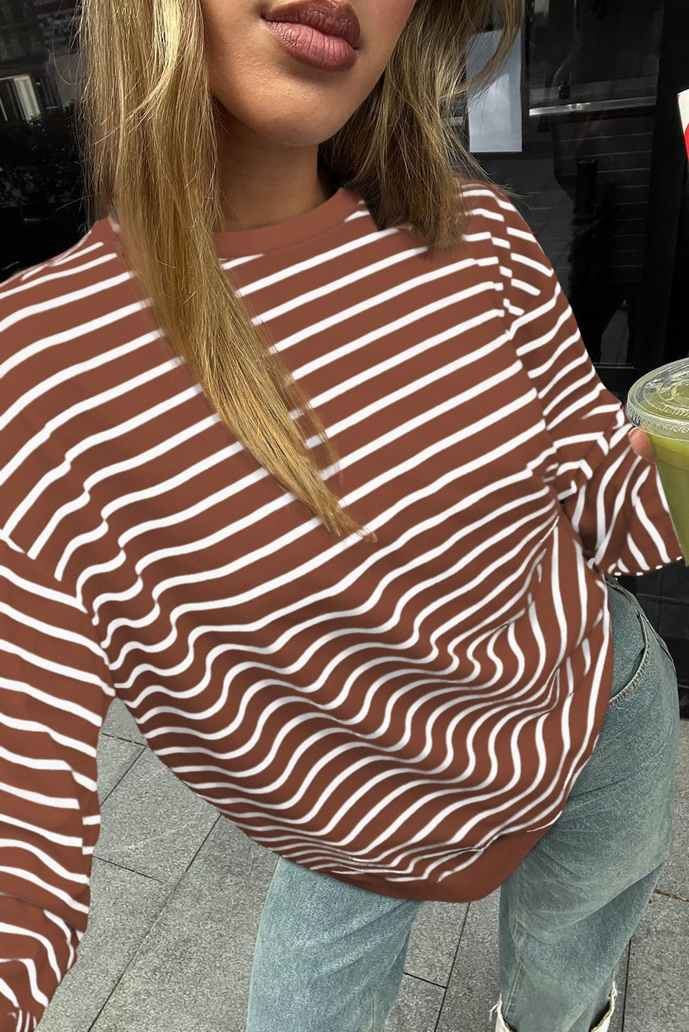 Coffee Striped Long Sleeve Round Neck Loose Fit Tee
