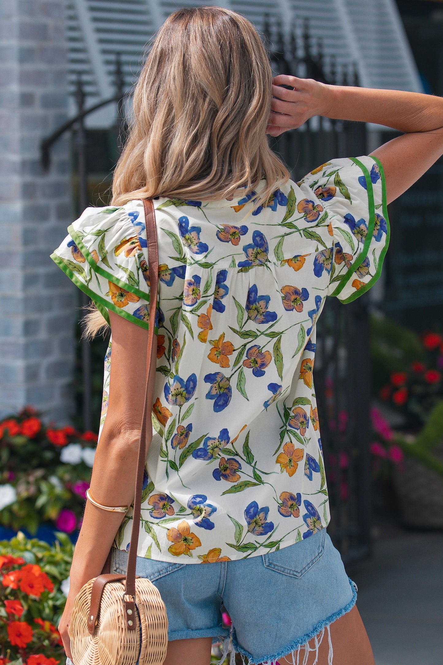 Green Floral Print Ruffle V-Neck Pressed Pleats Blouse