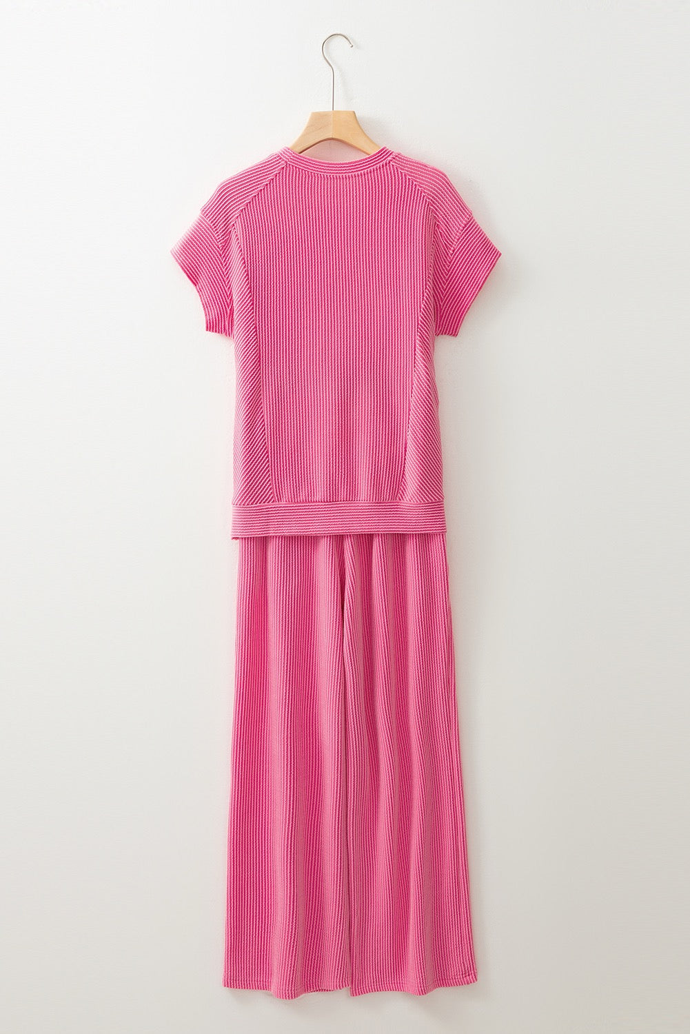 Solid Pink Corded Knit Short Sleeve T Shirt and Wide Leg Pants Set