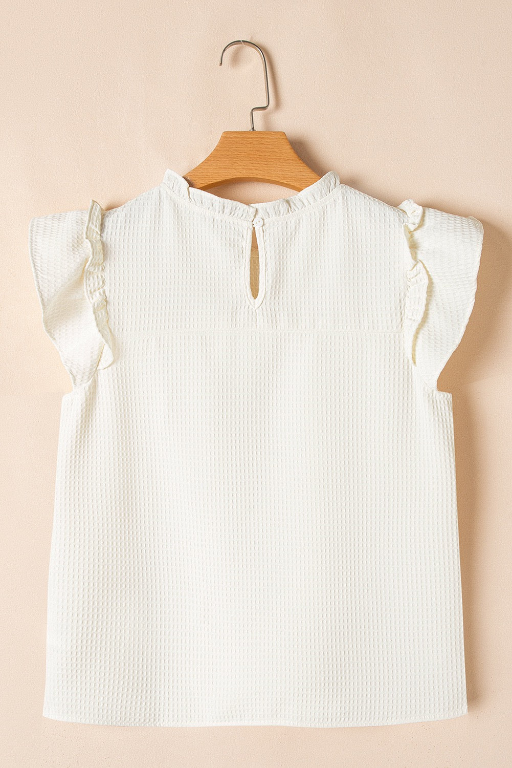 White Ruffle Trim Waffle Knit Blouse