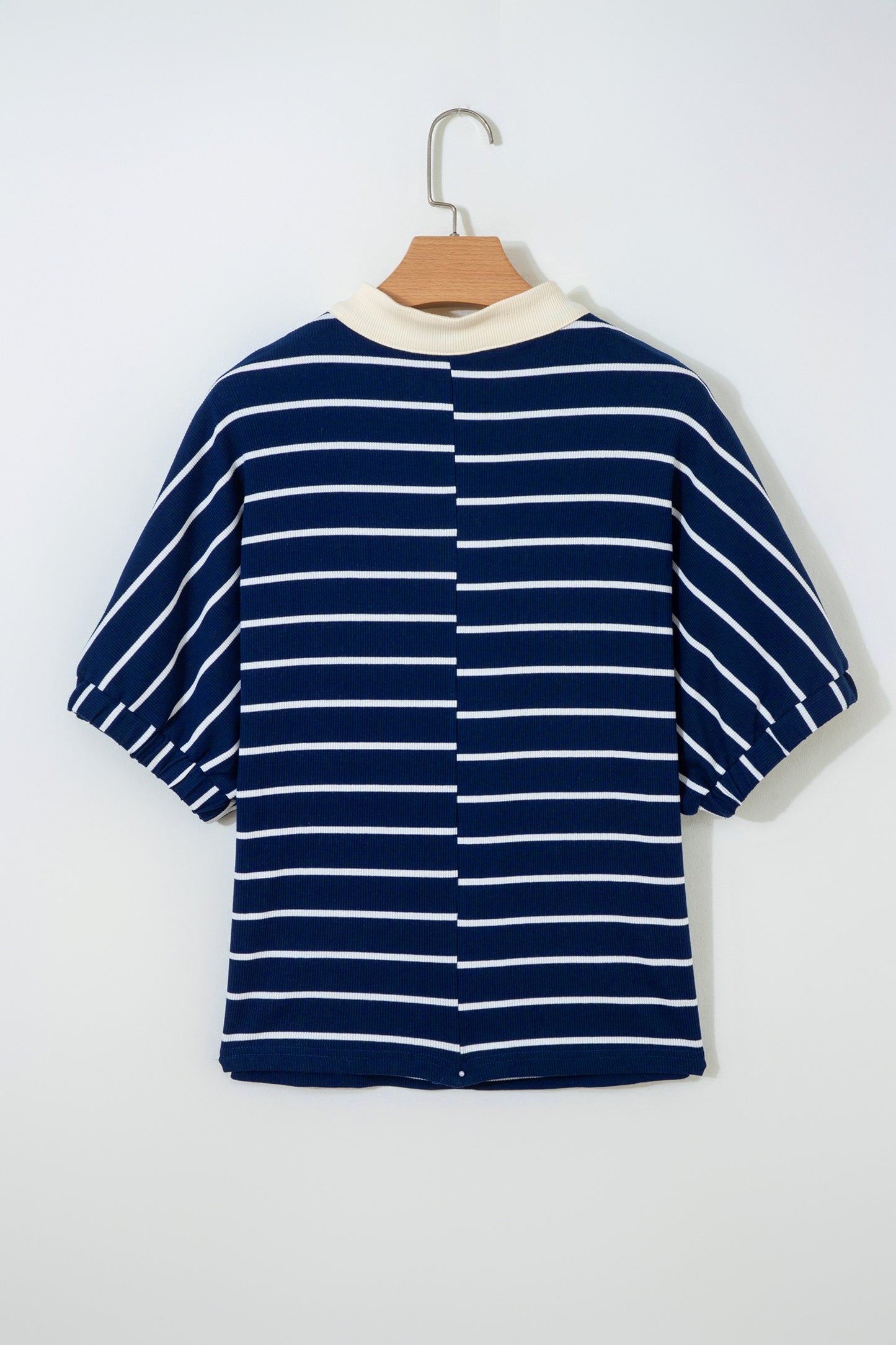 Navy Stripe Stand Collar V Neck Elastic Cuffs Half Sleeve Dolman Top